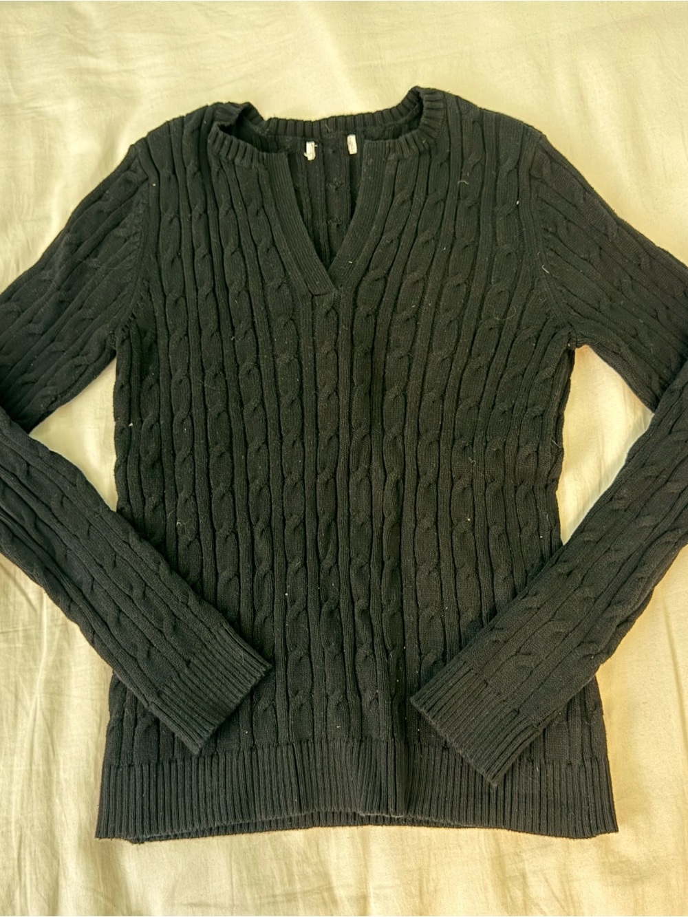 Classic Black Cable-Knit V-Neck Sweater